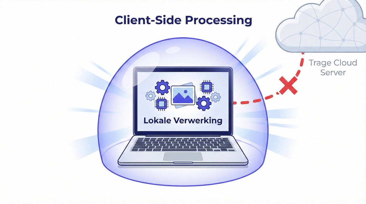 Veilig lokaal verwerken vs onveilige cloud upload Visualisatie van client-side processing vs server-side upload